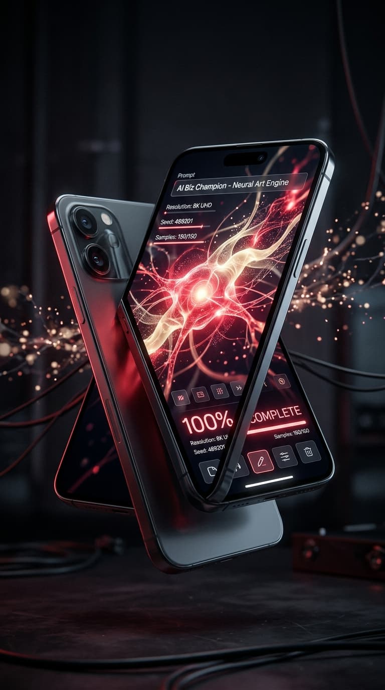 AI Biz Champion Neural Art Engine synthesizing photorealistic 8K artwork on smartphone